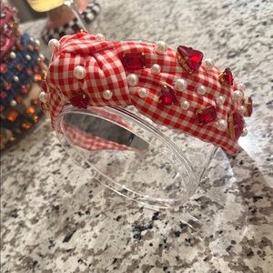 Red Gingham Pearl and Gemstone Headband